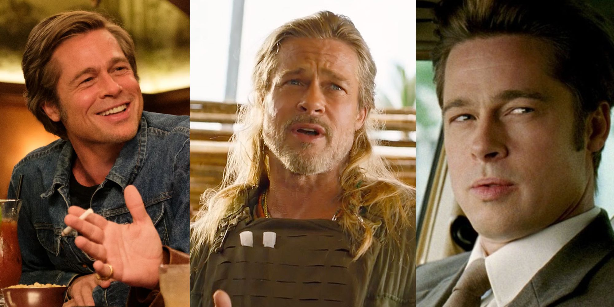 Cliff Booth at a bar with Rick Dalton; Brad Pitt in The Lost City; Chad in a suit pretending to be mysterious
