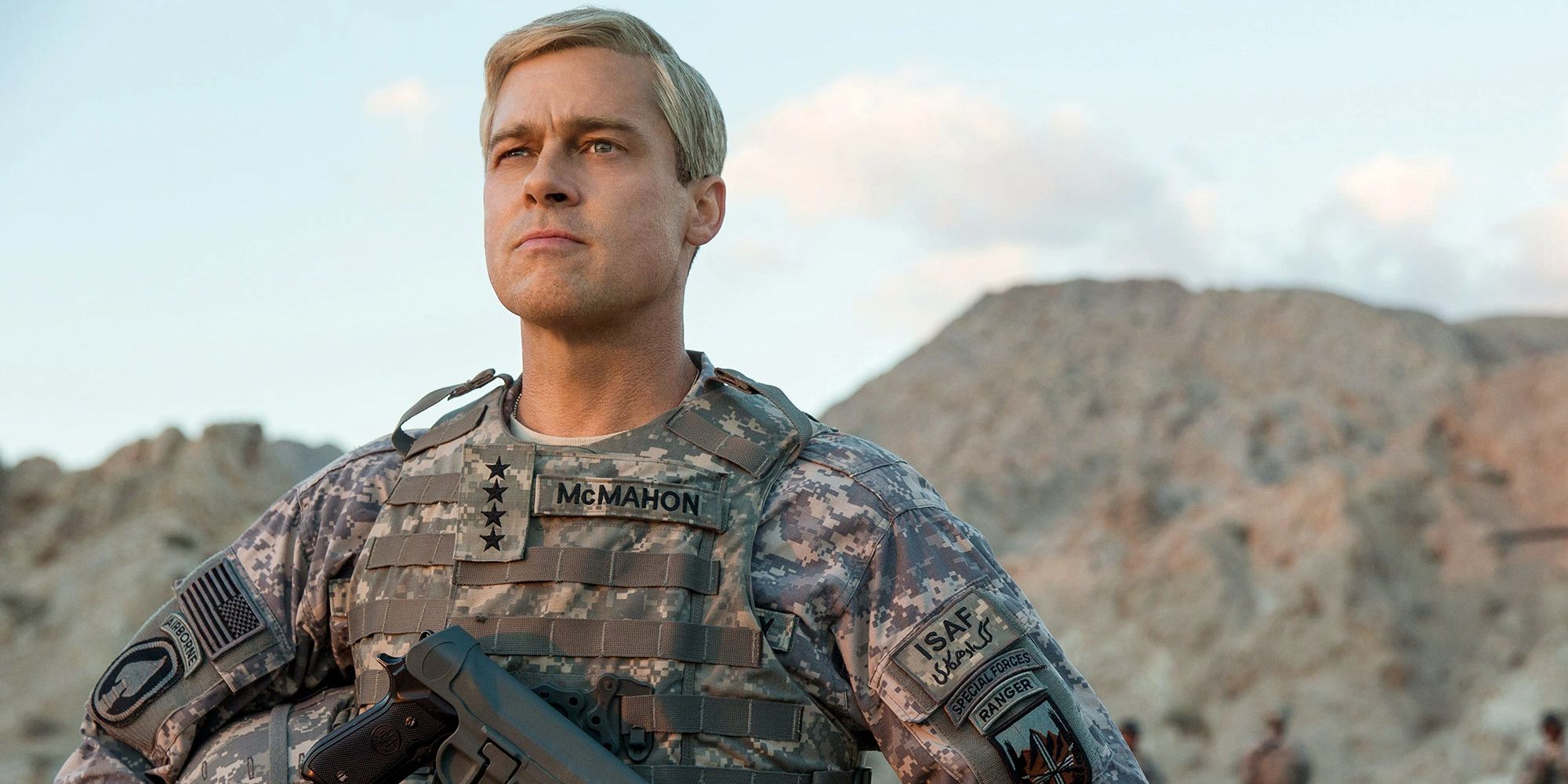 Brad Pitt in military gear in War Machine