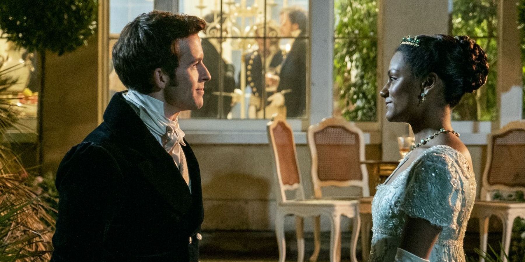 Bridgerton Kate and Anthony talking at a ball