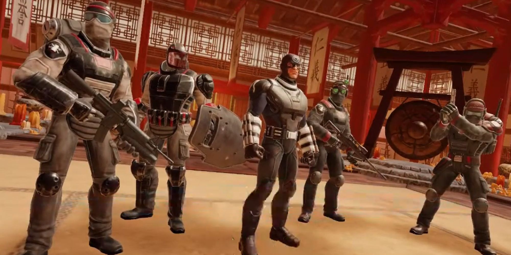Bullseye leading a group of mercenaries in Marvel Strike Force