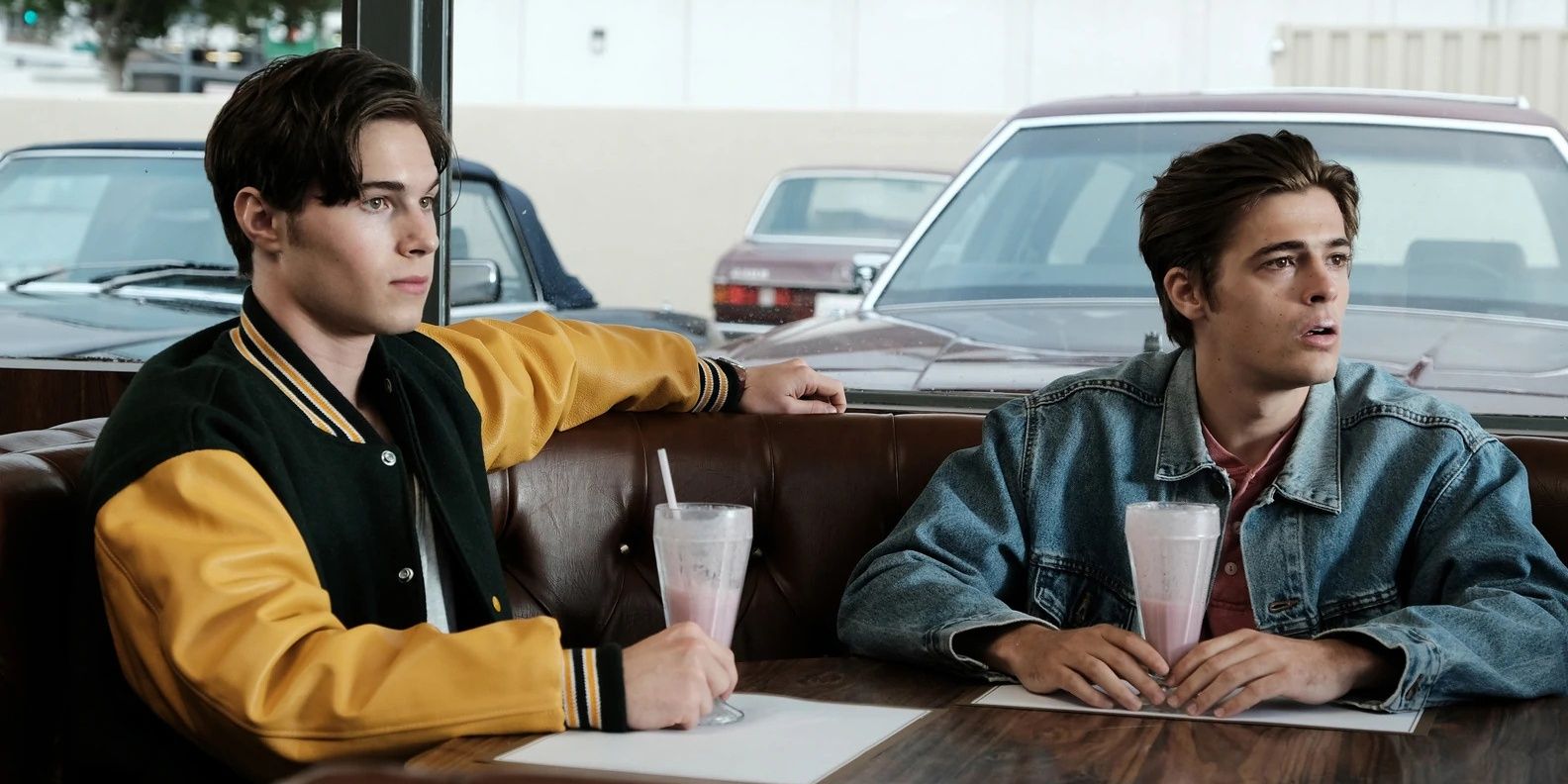 Cal and Derek at a milkshake diner after high school wrestling practice, in Euphoria Season 2's flashback