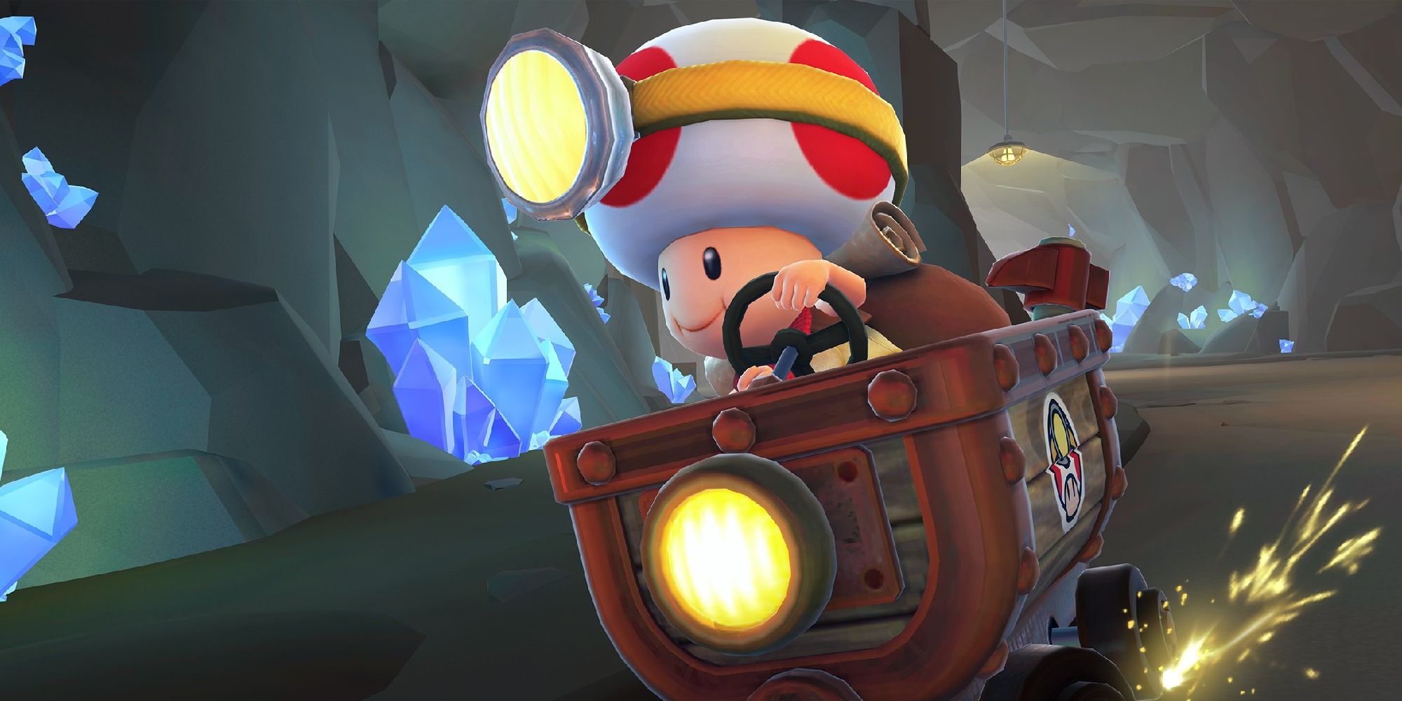 Captain Toad racing in a minecart in Mario Kart Tour