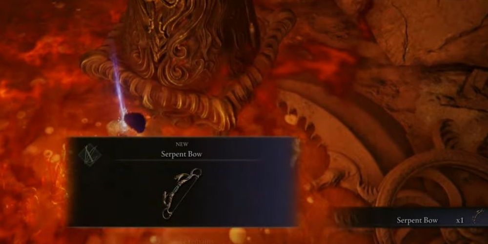 Player finding the Serpent Bow in Elden Ring.