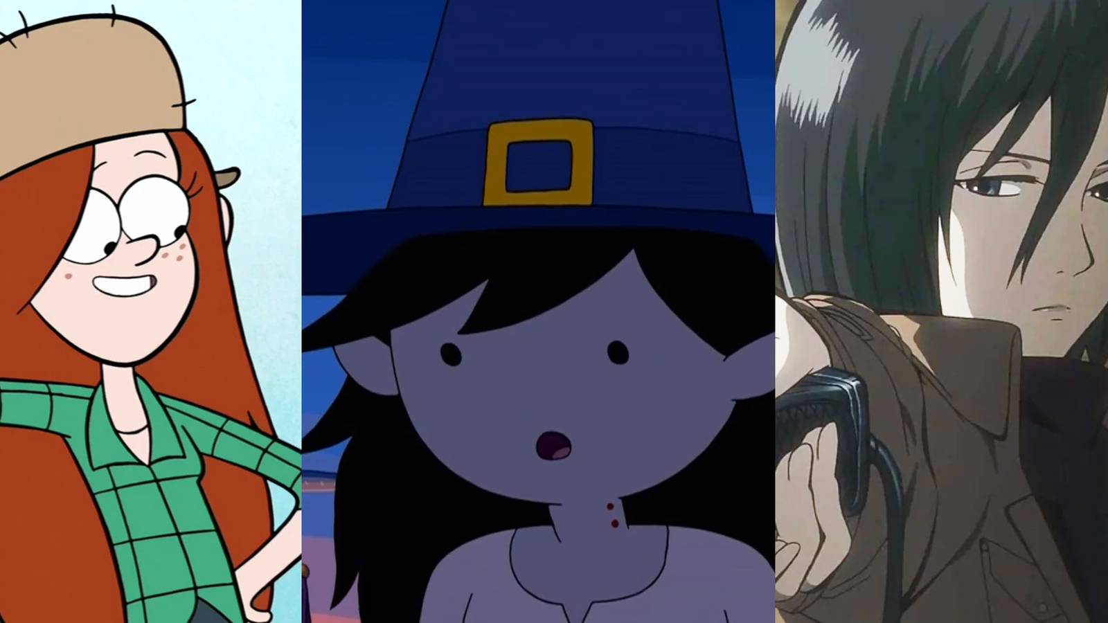 Wendy leaning against a jukebox; Marceline wearing a witch hat; Mikasa holding her sword out