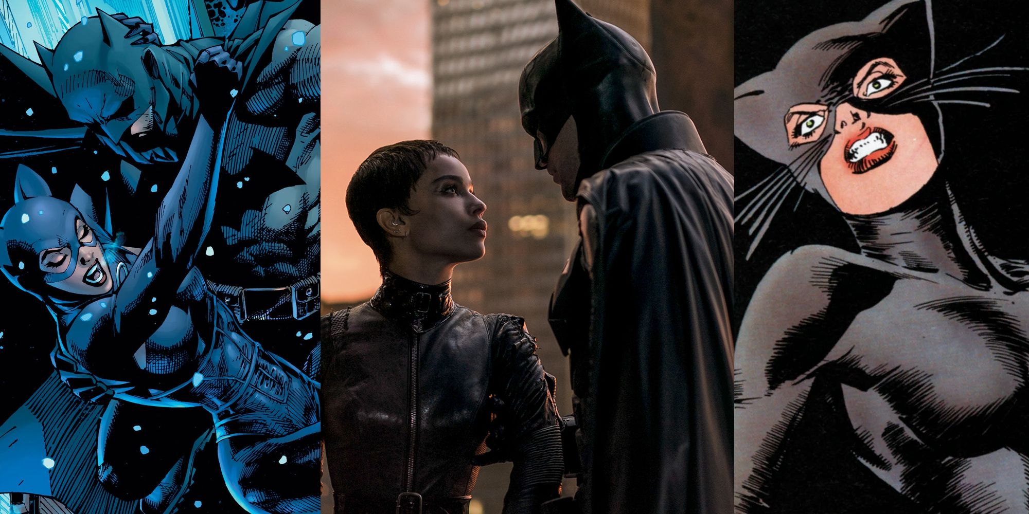 Batman falling with Catwoman in his arms; Zoe Kravitz and Rob Pattinson in The Batman; Catwoman from a 1989 comic cover