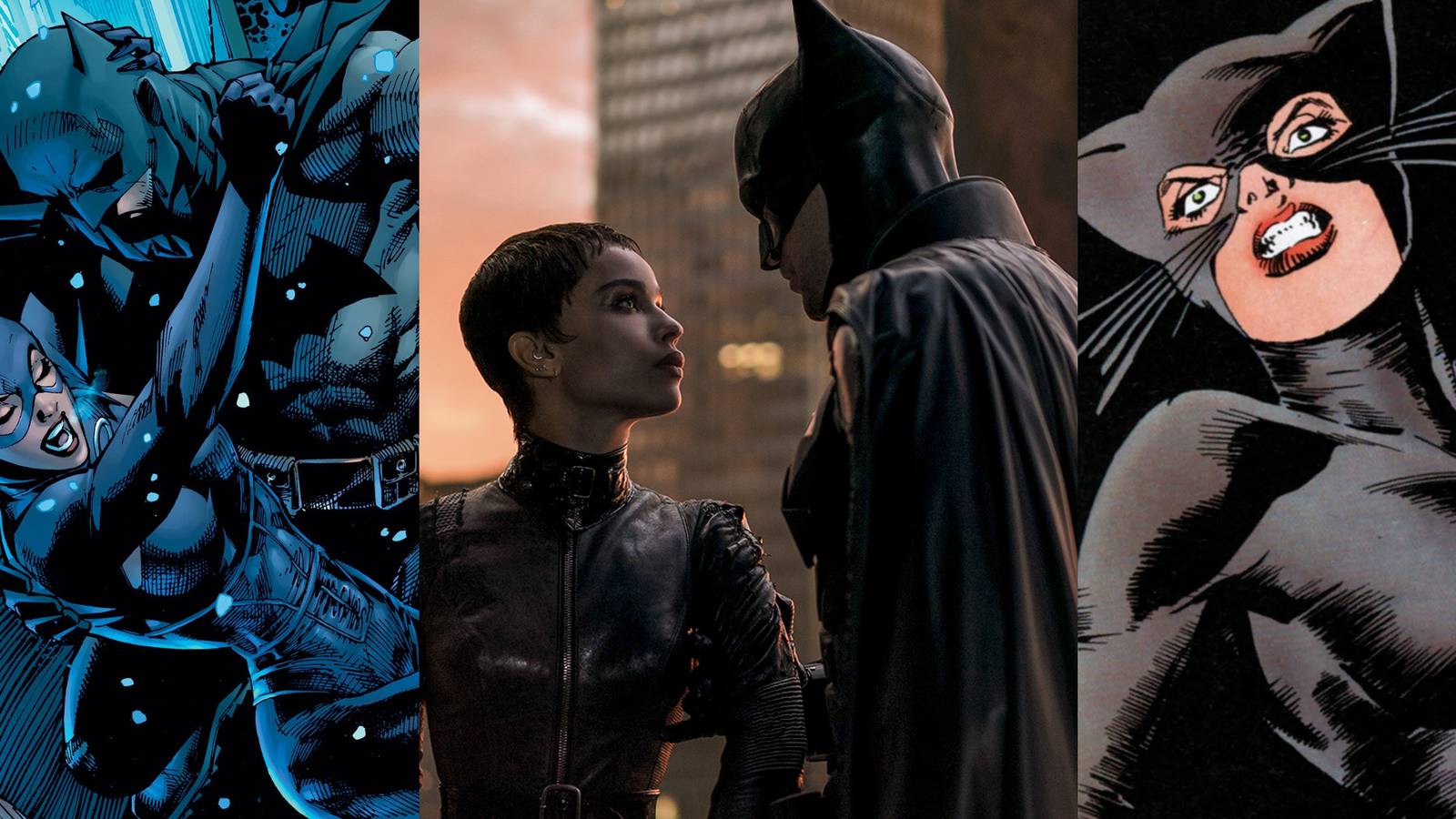 Batman falling with Catwoman in his arms; Zoe Kravitz and Rob Pattinson in The Batman; Catwoman from a 1989 comic cover