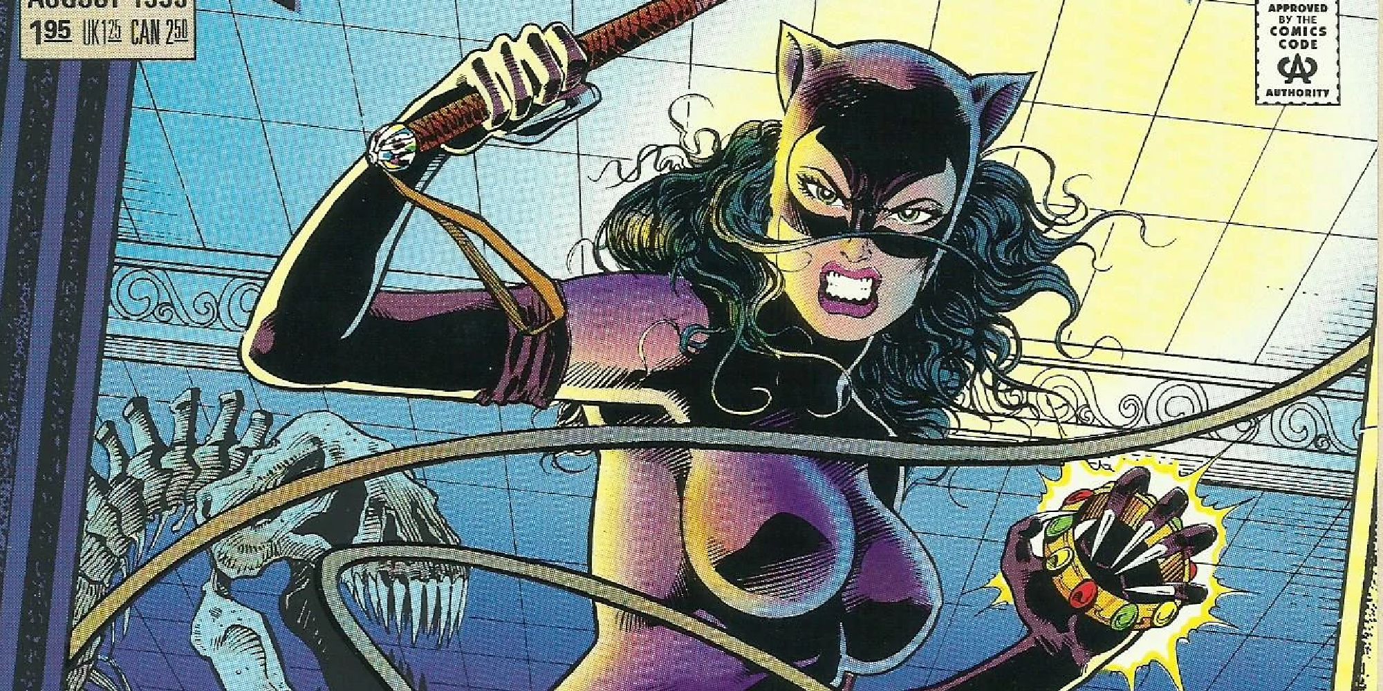 Catwoman brandishing a whip and stealing jewels from a comic cover