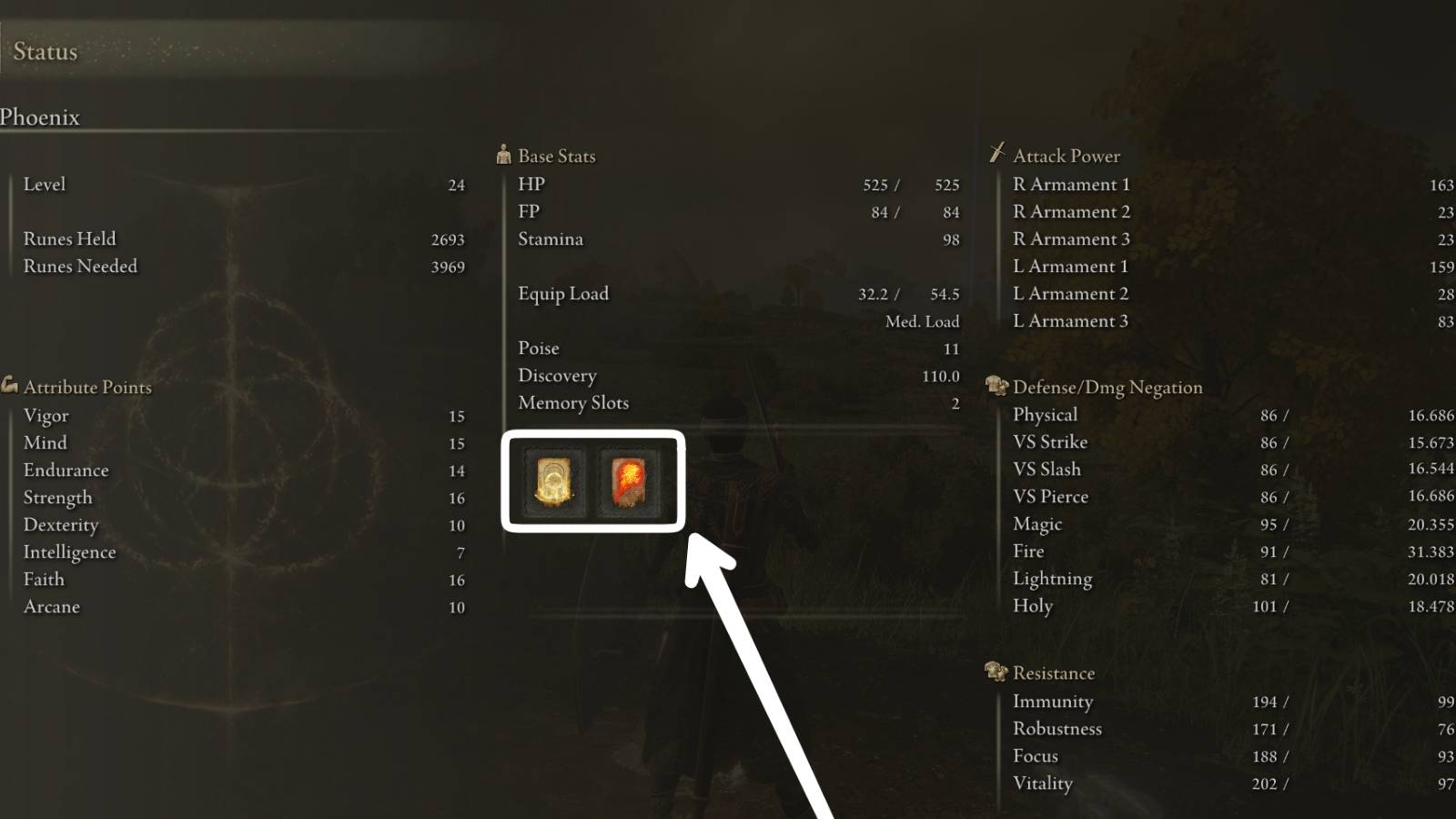 Character status menu showing spell slots in Elden Ring