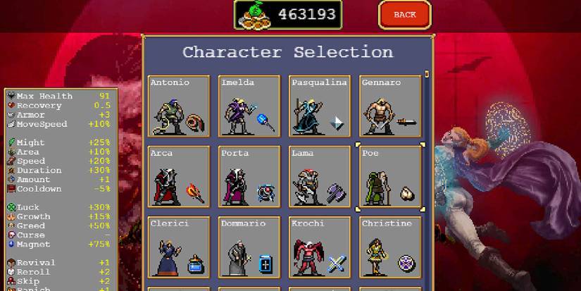 Character select screen in Vampire Survivors
