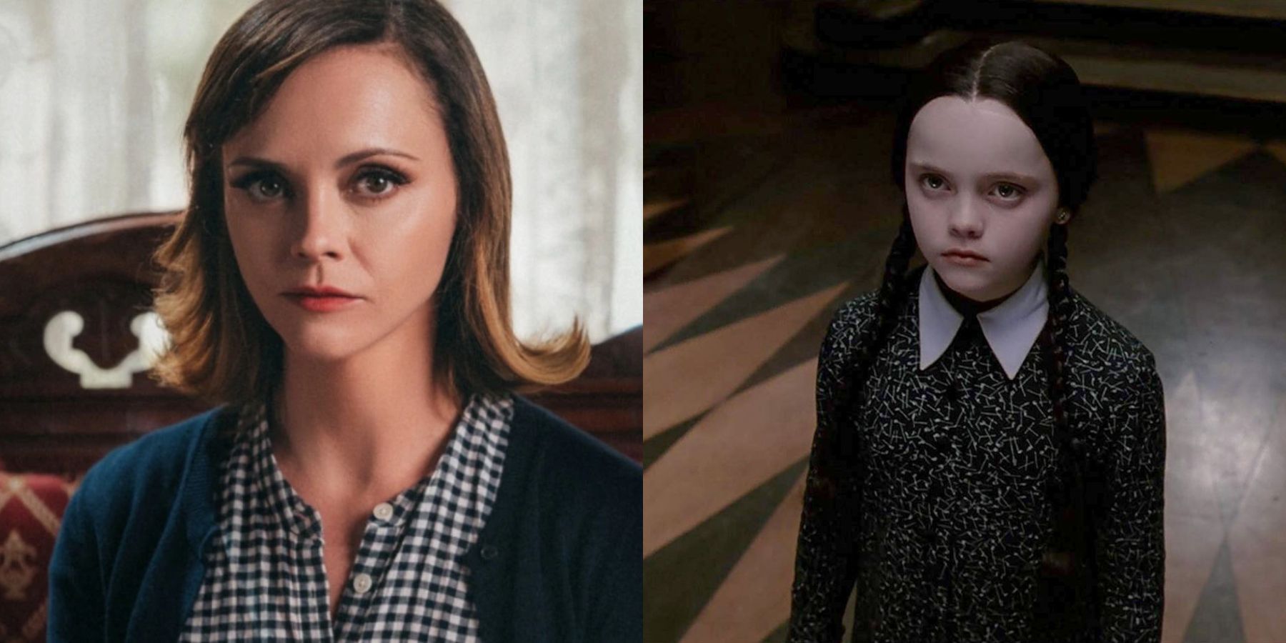 Split image of Christina Ricci in Wednesday and in The Addams Family