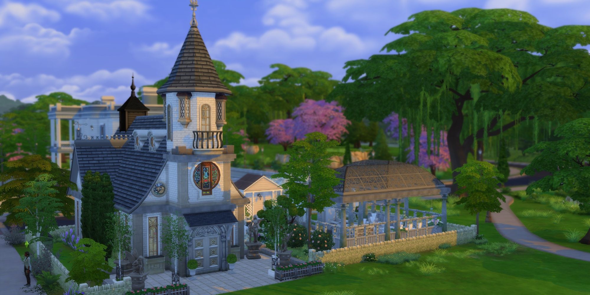 An old fashioned stone church from The Sims 4.