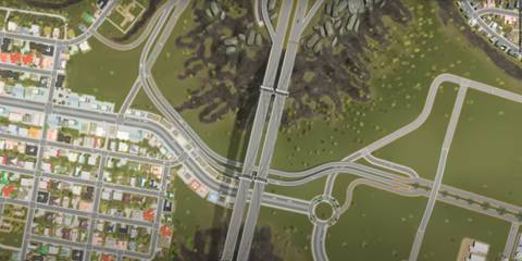 Arial view of city streets in Cities: Skylines