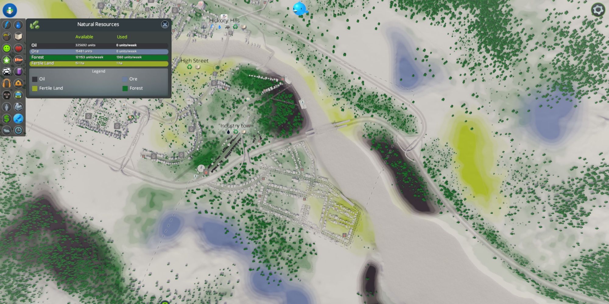 Resource screen for a map in Cities: Skylines