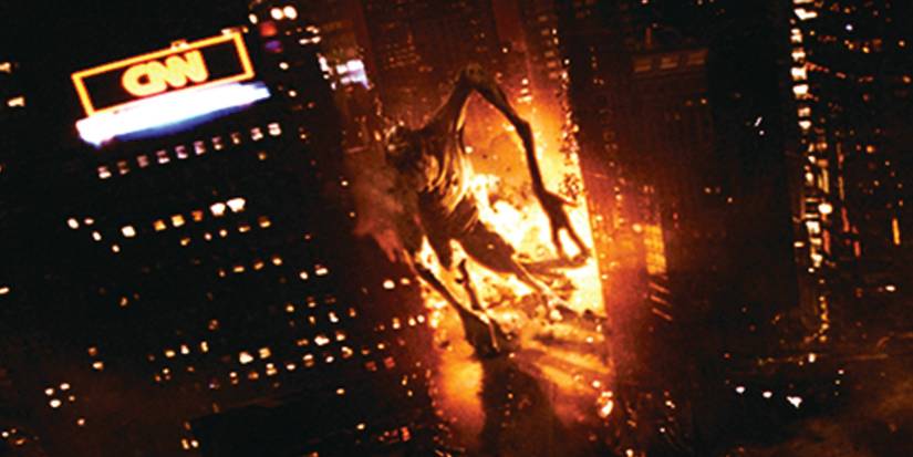 News footage of the Cloverfield monster attacking a city from above