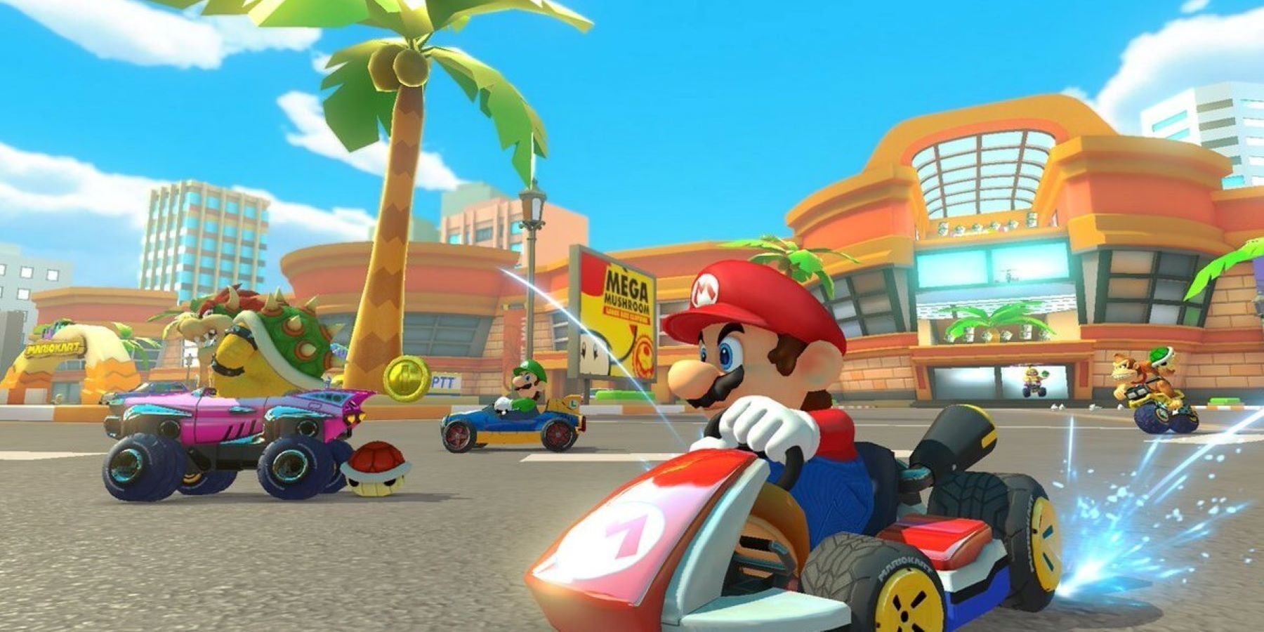 Coconut Mall в Mario Kart 8 Deluxe с гонками Боузера, Луиджи, Марио и Донки Конга