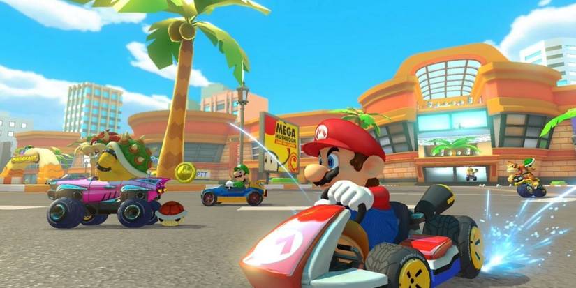 Coconut Mall in Mario Kart 8 Deluxe with Bowser, Luigi, Mario, and Donkey Kong racing