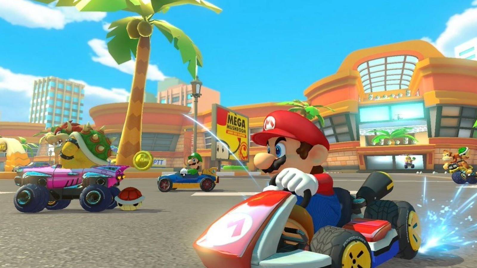 Coconut Mall in Mario Kart 8 Deluxe with Bowser, Luigi, Mario, and Donkey Kong racing