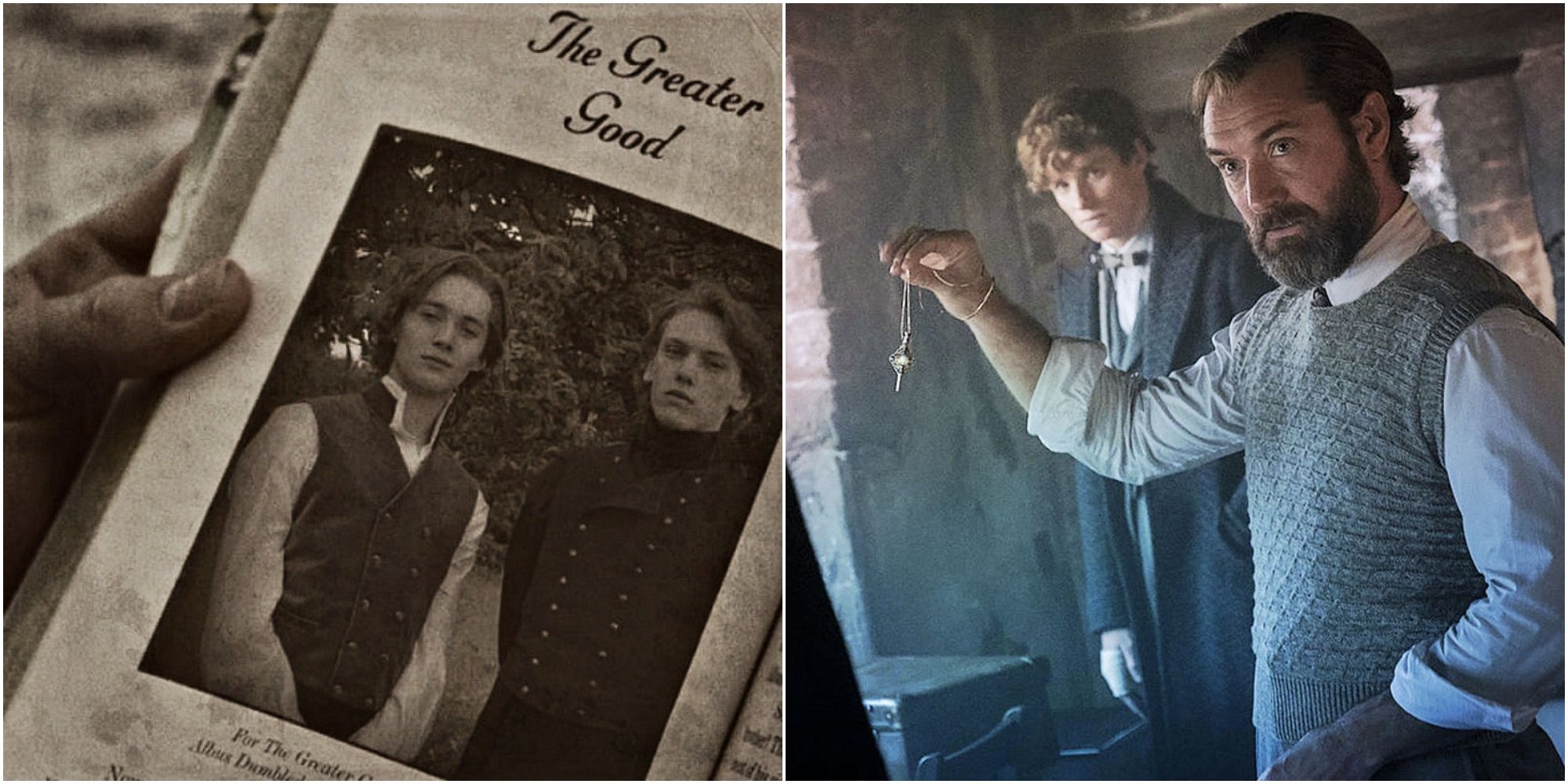 Collage of Dumbledore ad Grinderwald as Teenagers in Photograph and Young adult Dumbledore in Harry Potter Series and Fantastic Beasts