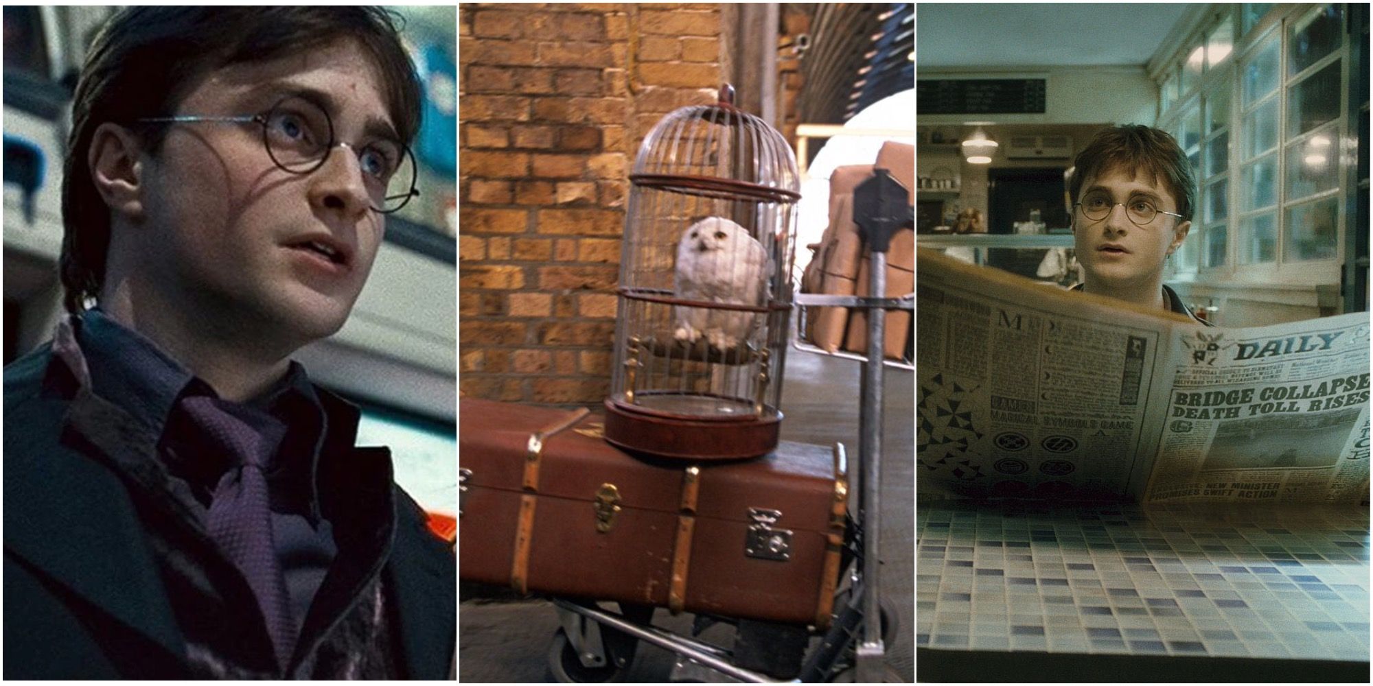 Collage of Harry Potter scenes from Movies Harry, Hedwig and Harry REading Daily Prophet