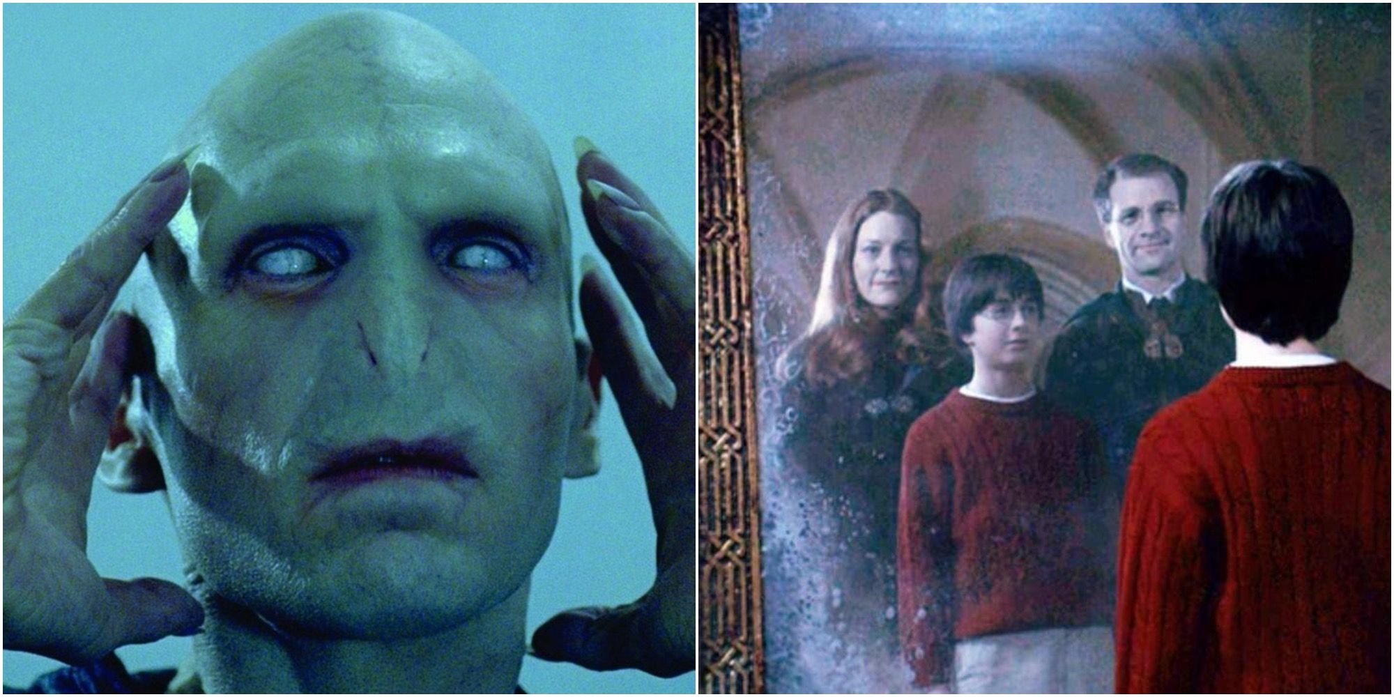 Collage of Lord Voldemort and Harry, Lily and James Potter In Harry Potter Mirror of Erised