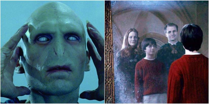 Collage of Lord Voldemort and Harry, Lily and James Potter In Harry Potter Mirror of Erised