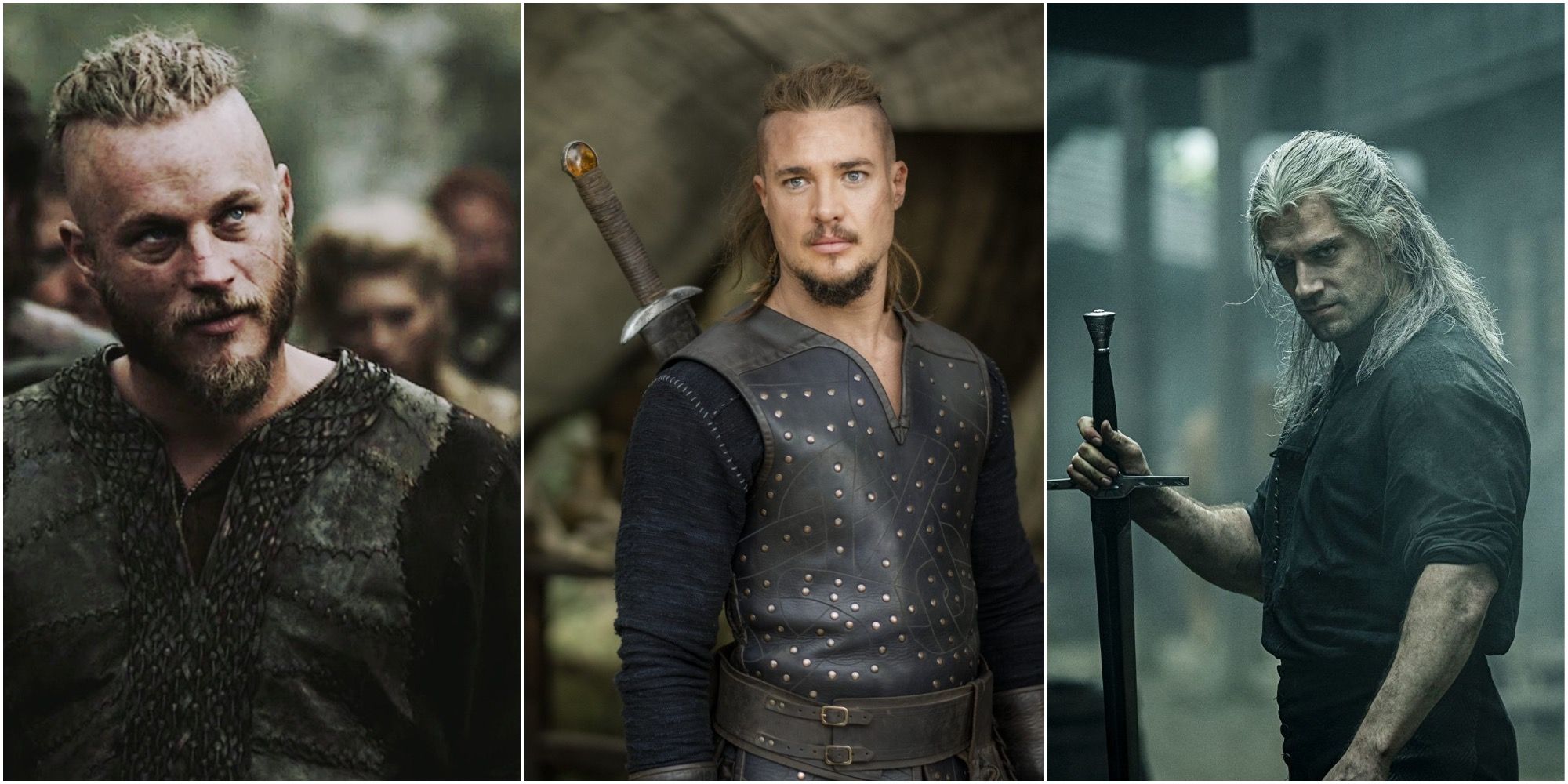 Collage of Ragnar in Vikings, Uhtred in The Last Kingdom and Geralt in The Witcher