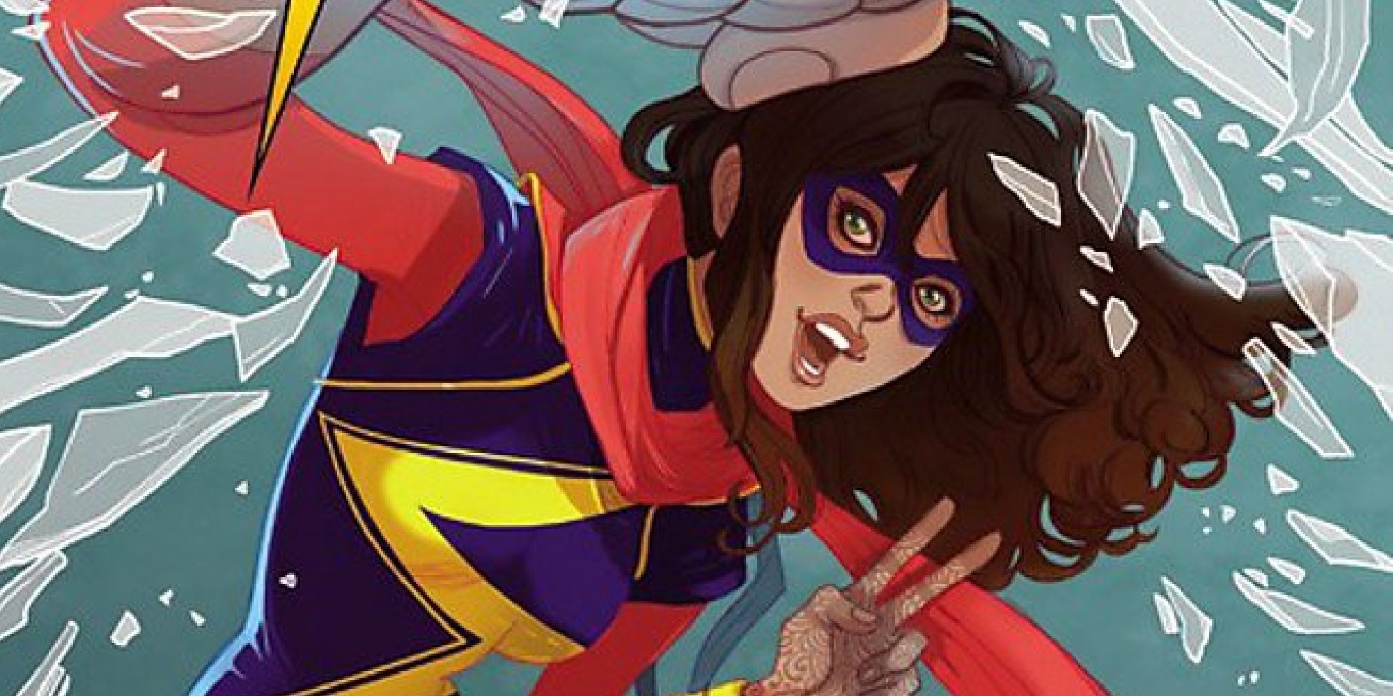 Kamala as Ms Marvel punching through glass while signing peace in a comic book cover