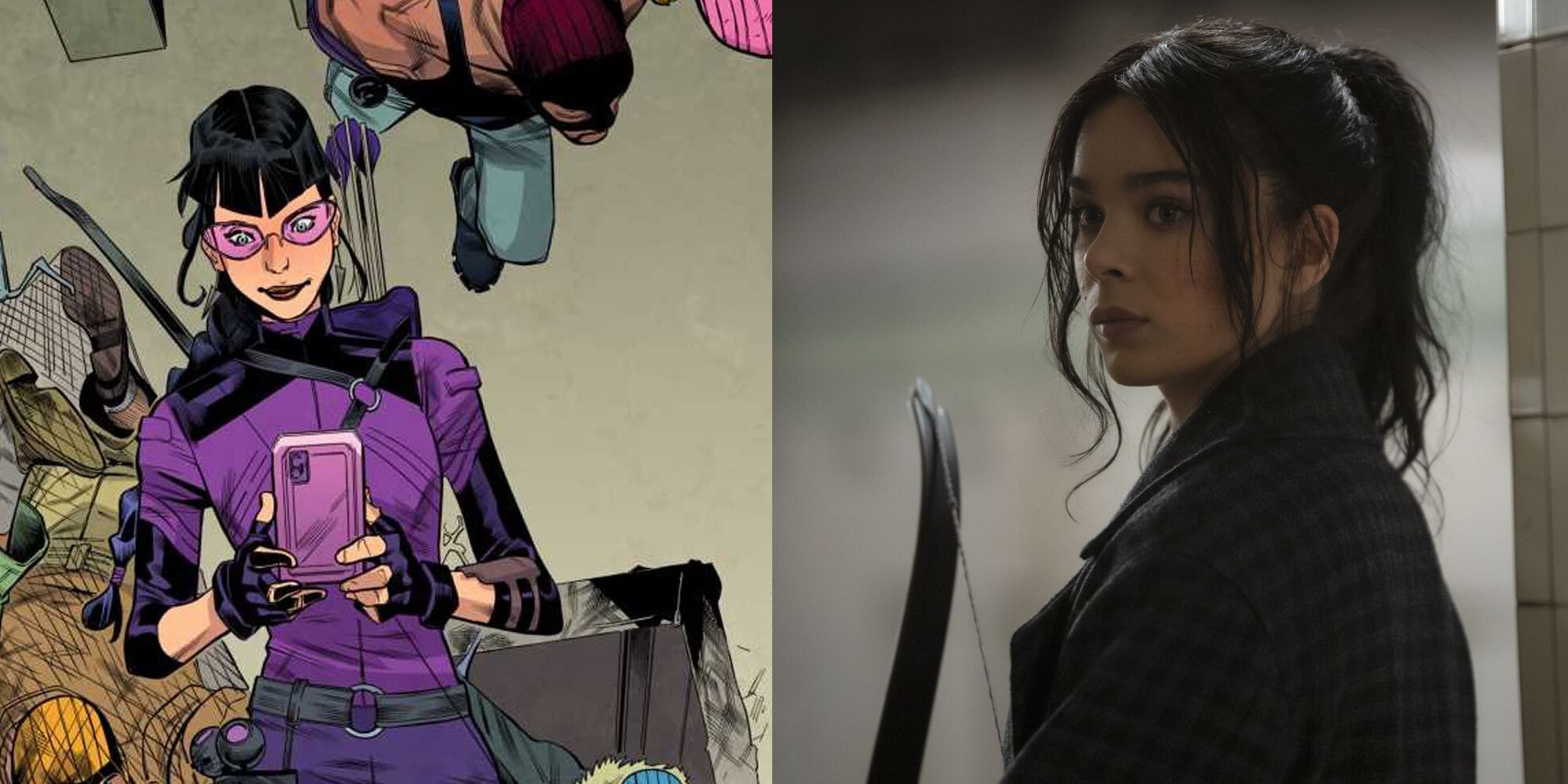 Kate Bishop texting after tying up criminals in the comics; Hailee Steinfeld as Kate Bishop holding her bow