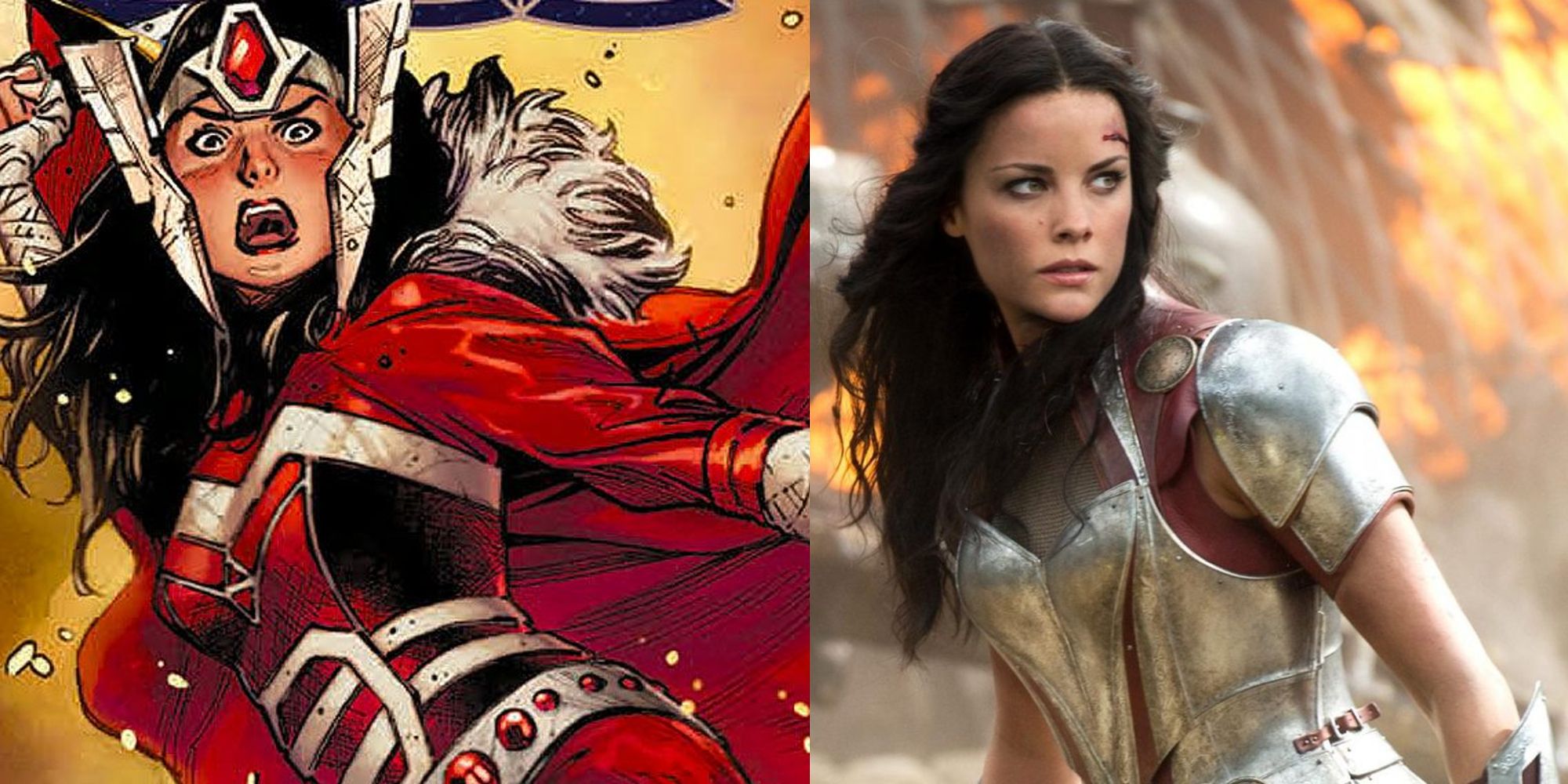 Lady Sif in her Asgardian armor in the comics; Sif mid-battle played by Jaimie Alexander