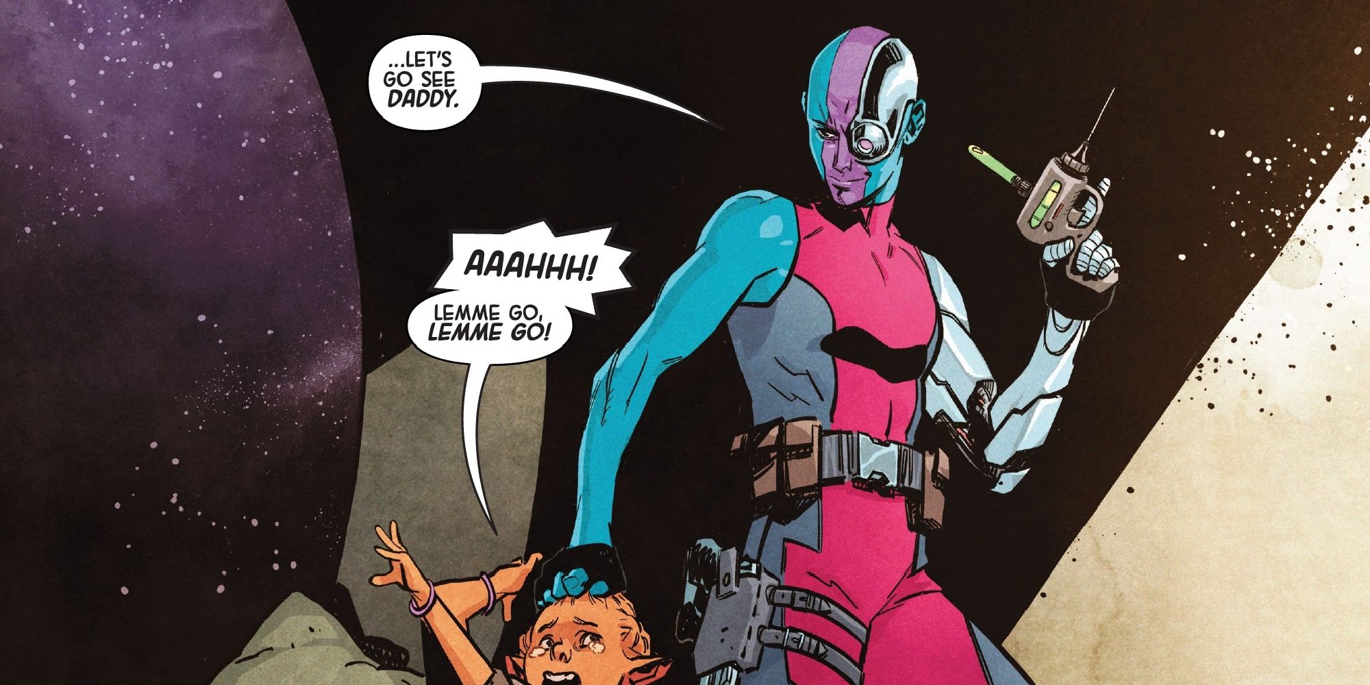 Nebula kidnapping an alien child in the comics