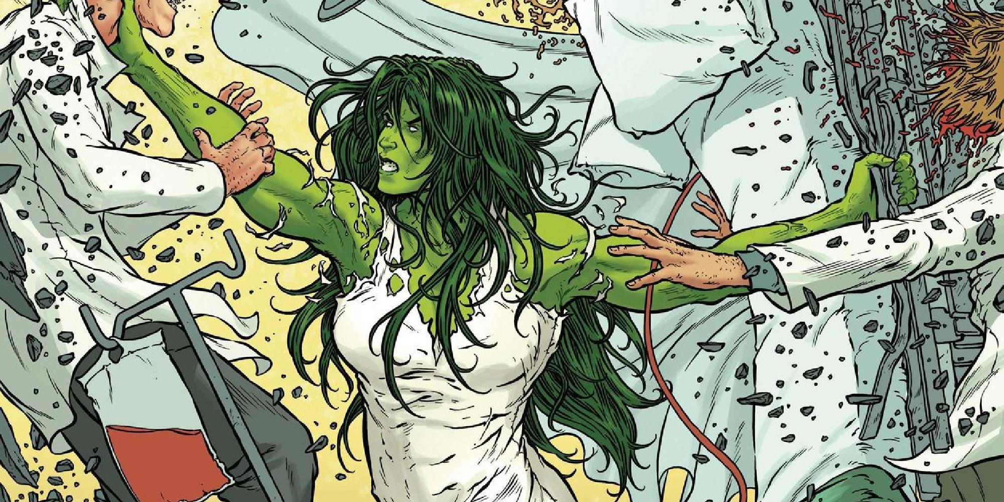 Jennifer Walters transforming into She-Hulk and attacking doctors in the comics