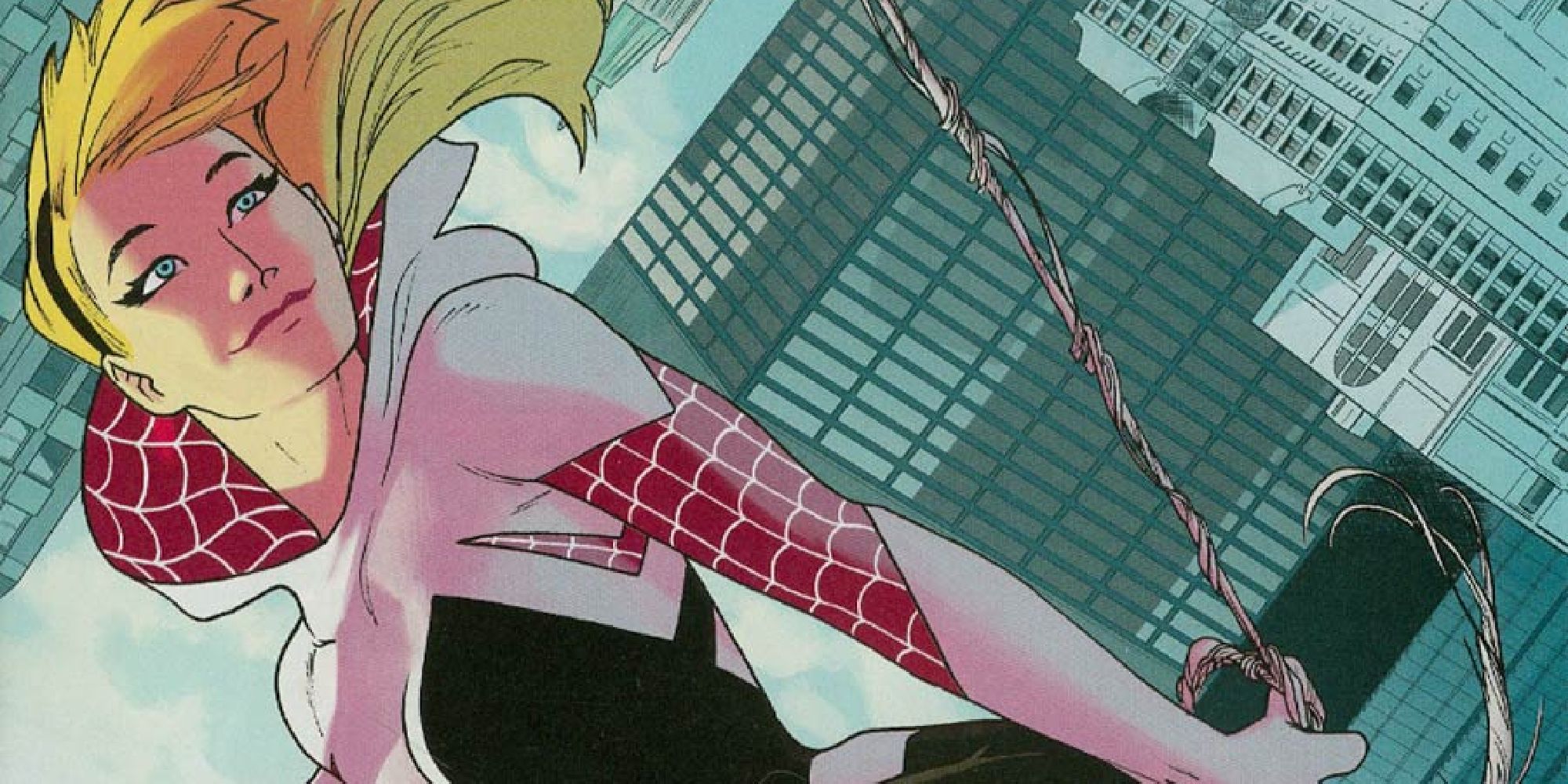 Gwen Stacy swinging around NYC with her hood down