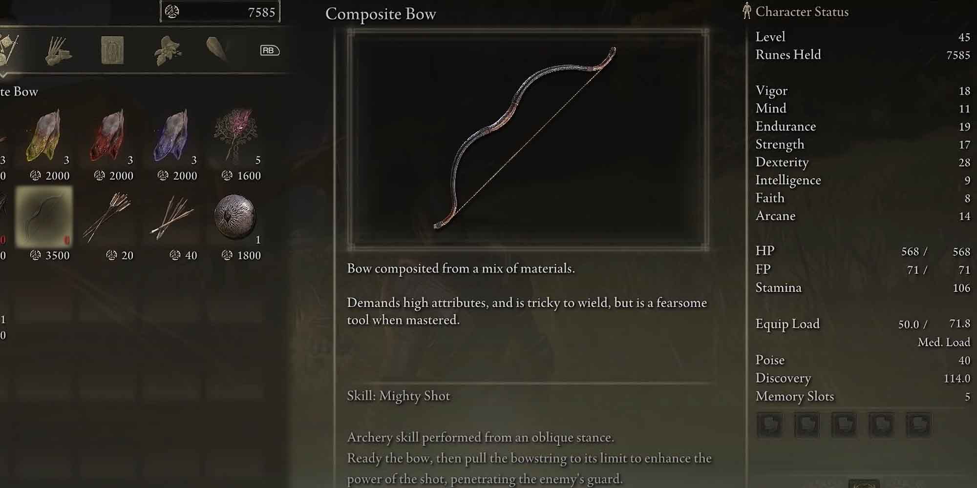 Looking at the Composite Bow in the inventory in Elden Ring