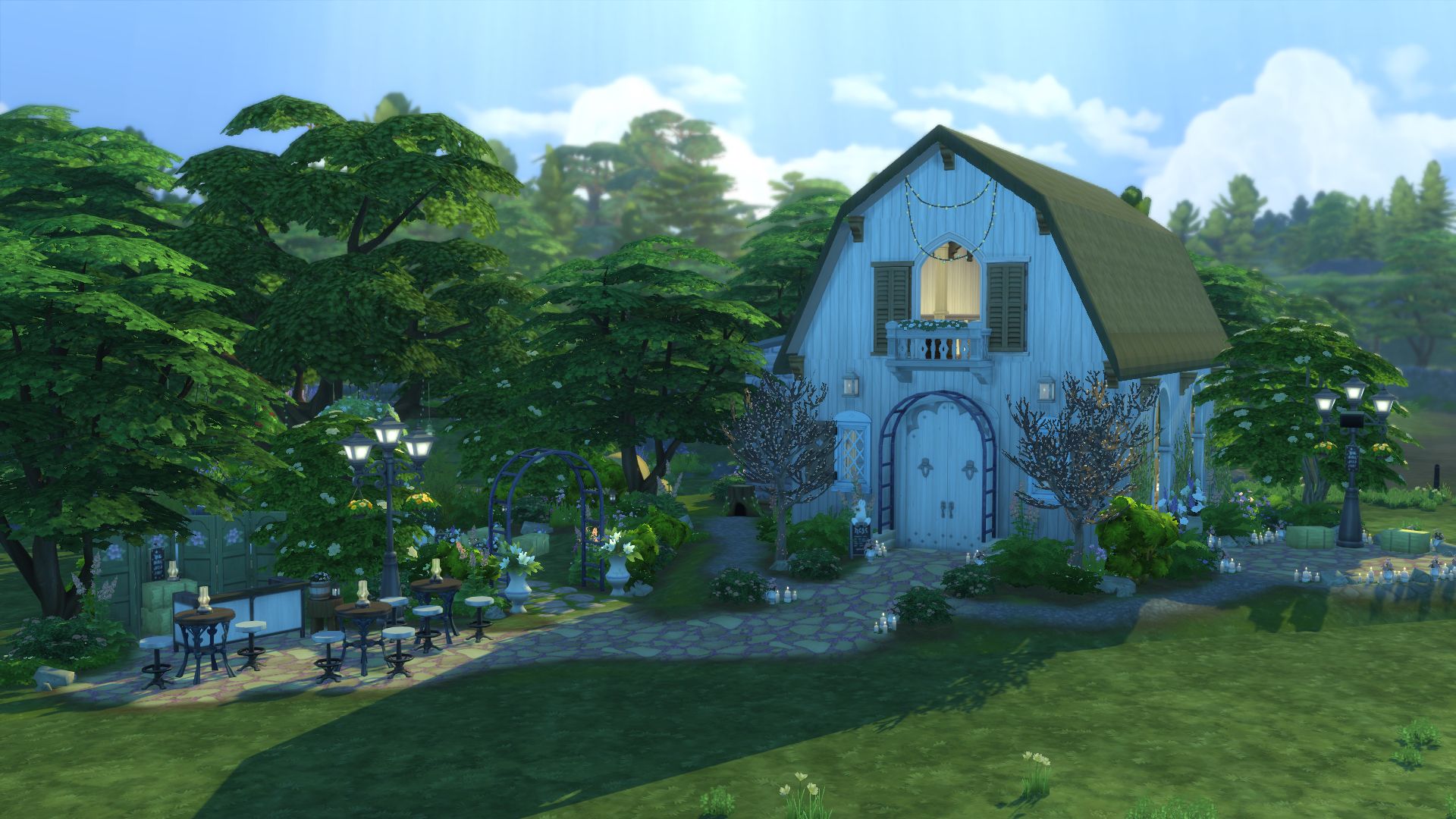 A white barn and thick garden decorated for a wedding in The Sims 4