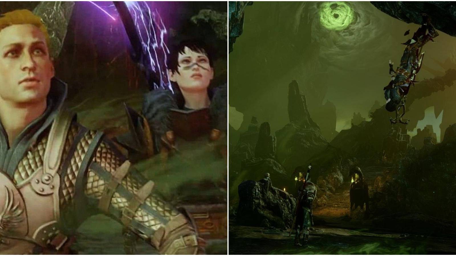 Split image of Alistair and Hawke and the Fade.