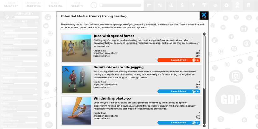 Democracy 4 - Media stunts to use.