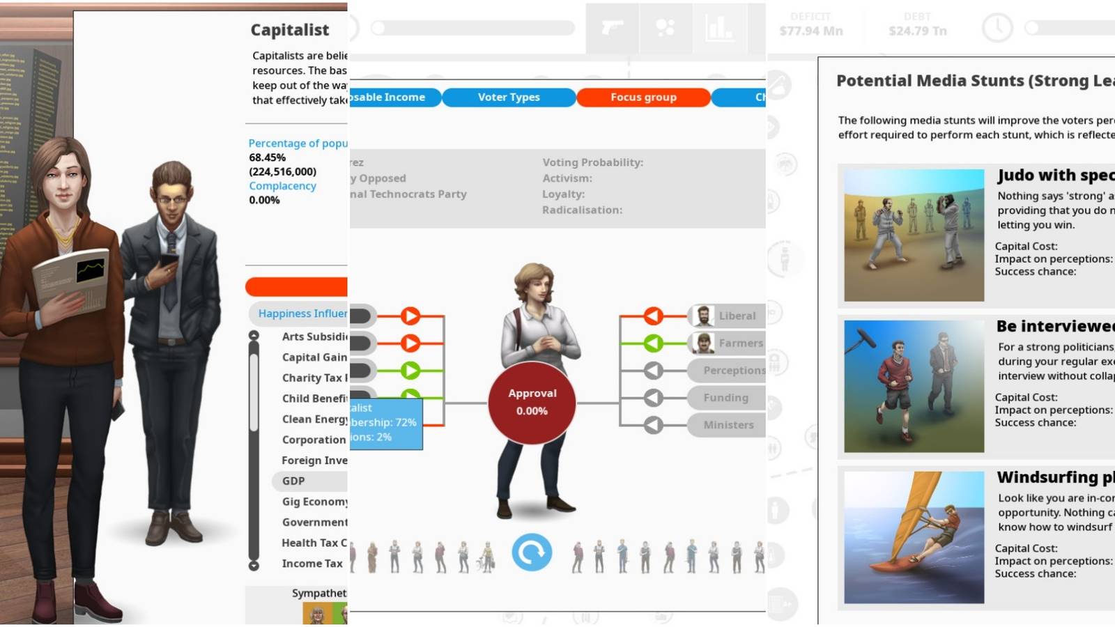 Democracy 4 - A joined image of 3 screenshots.