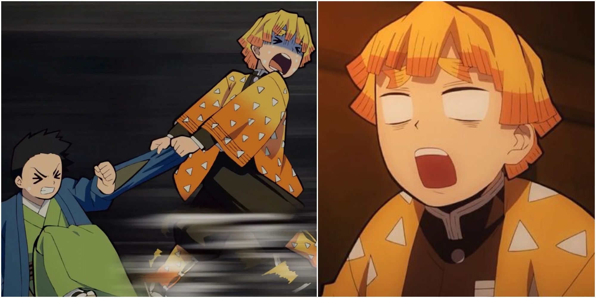 Demon Slayer Collage of Zenitsu Being Afraid With Shoichi