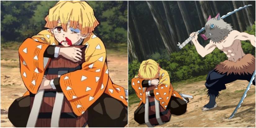 Demon Slayer Collage of Zenitsu Protecting Nezuko From Inosuke