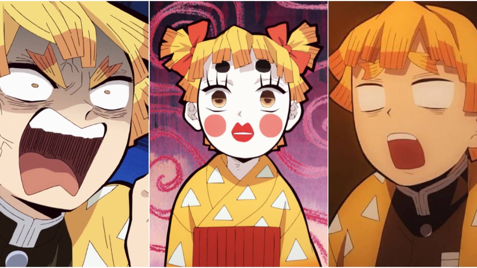 Demon Slayer Collage of Zenitsu Scared Yelling and in Makeup