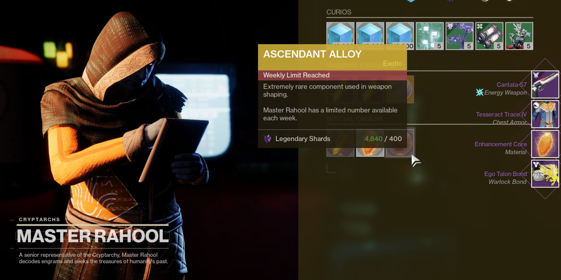 Destiny 2 Master Rahool Selling Ascendant Alloy