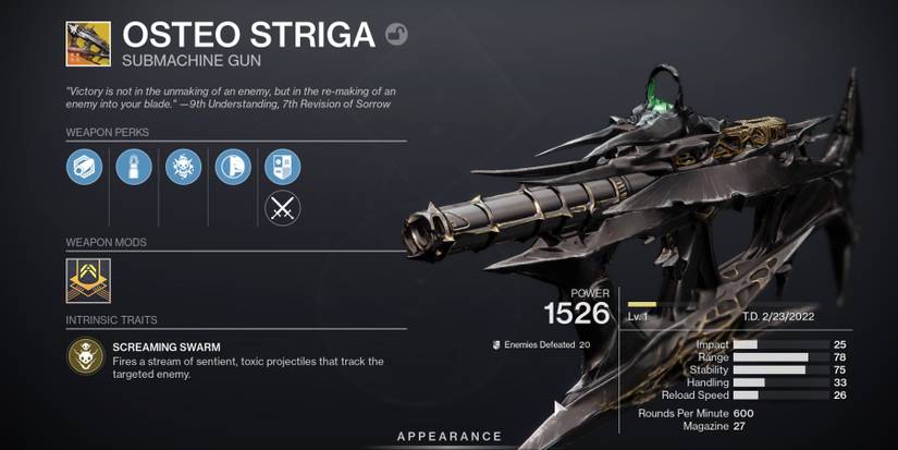 Destiny 2 The Osteo Striga Detail Screen