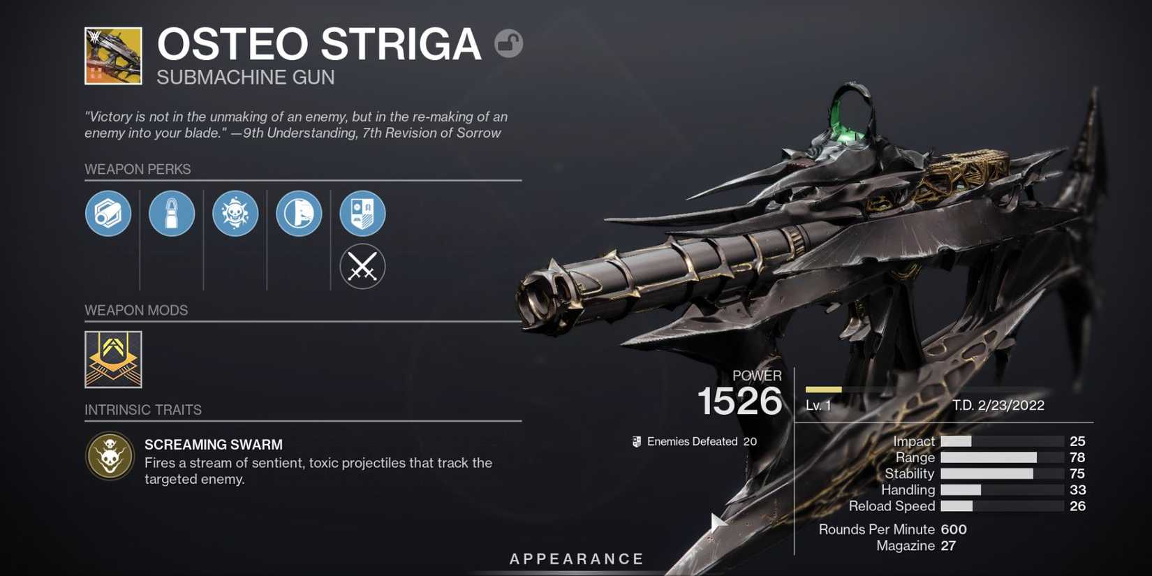 Destiny 2 The Osteo Striga Detail Screen