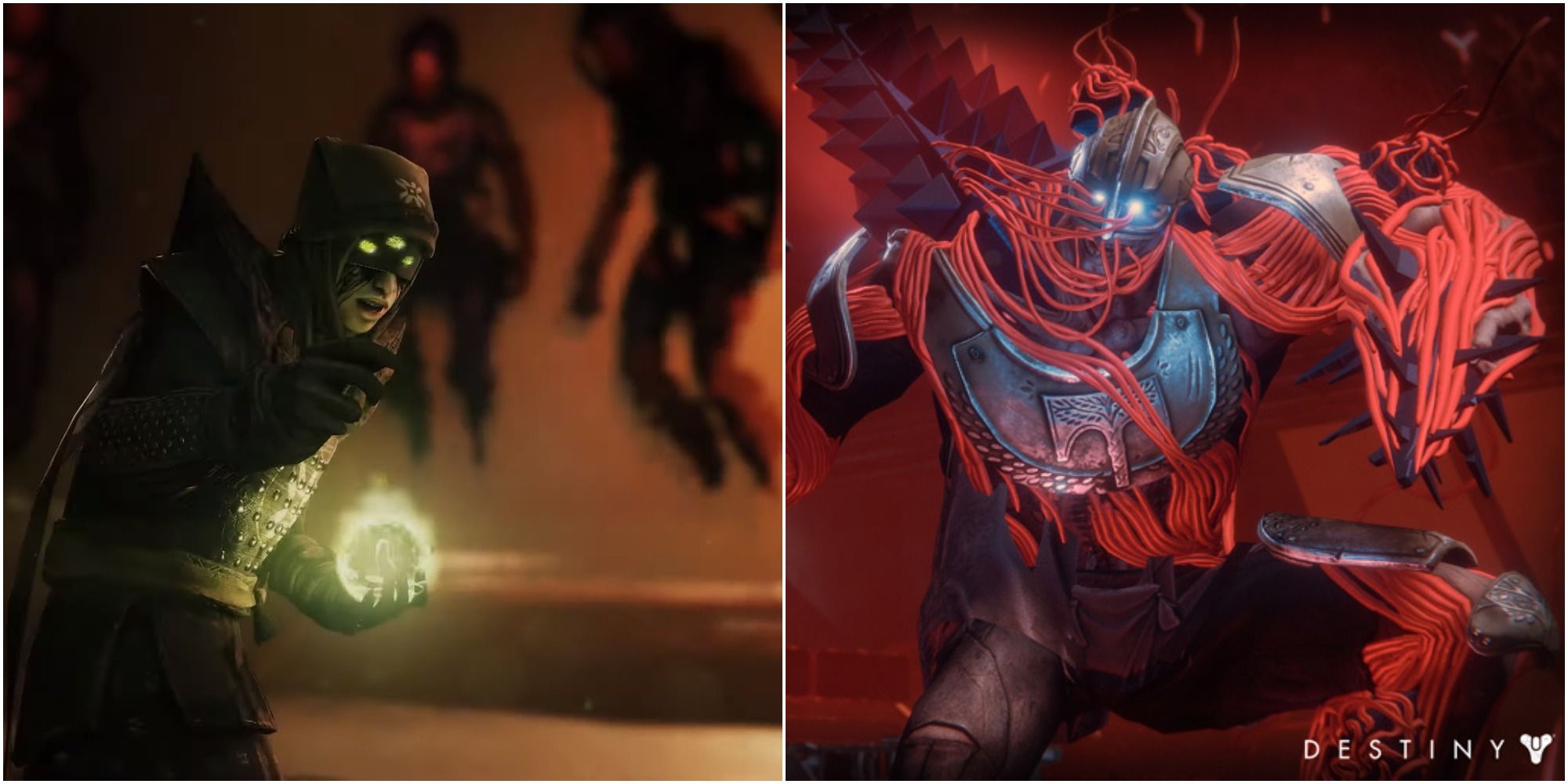 Destiny series split image Eris Morn with floating dead guardians & Mutant SIVA iron lord