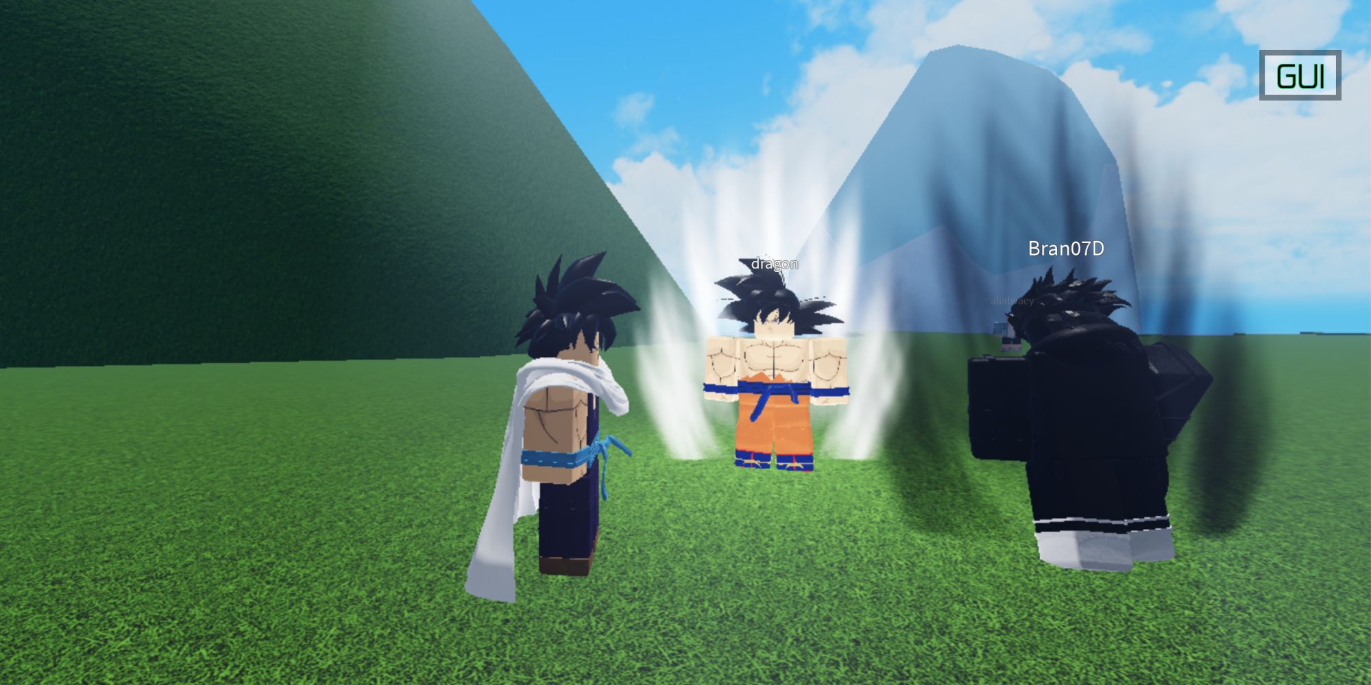 Three Roblox players standing together in Dragon Ball RP, one as Goku and the other as Gohan