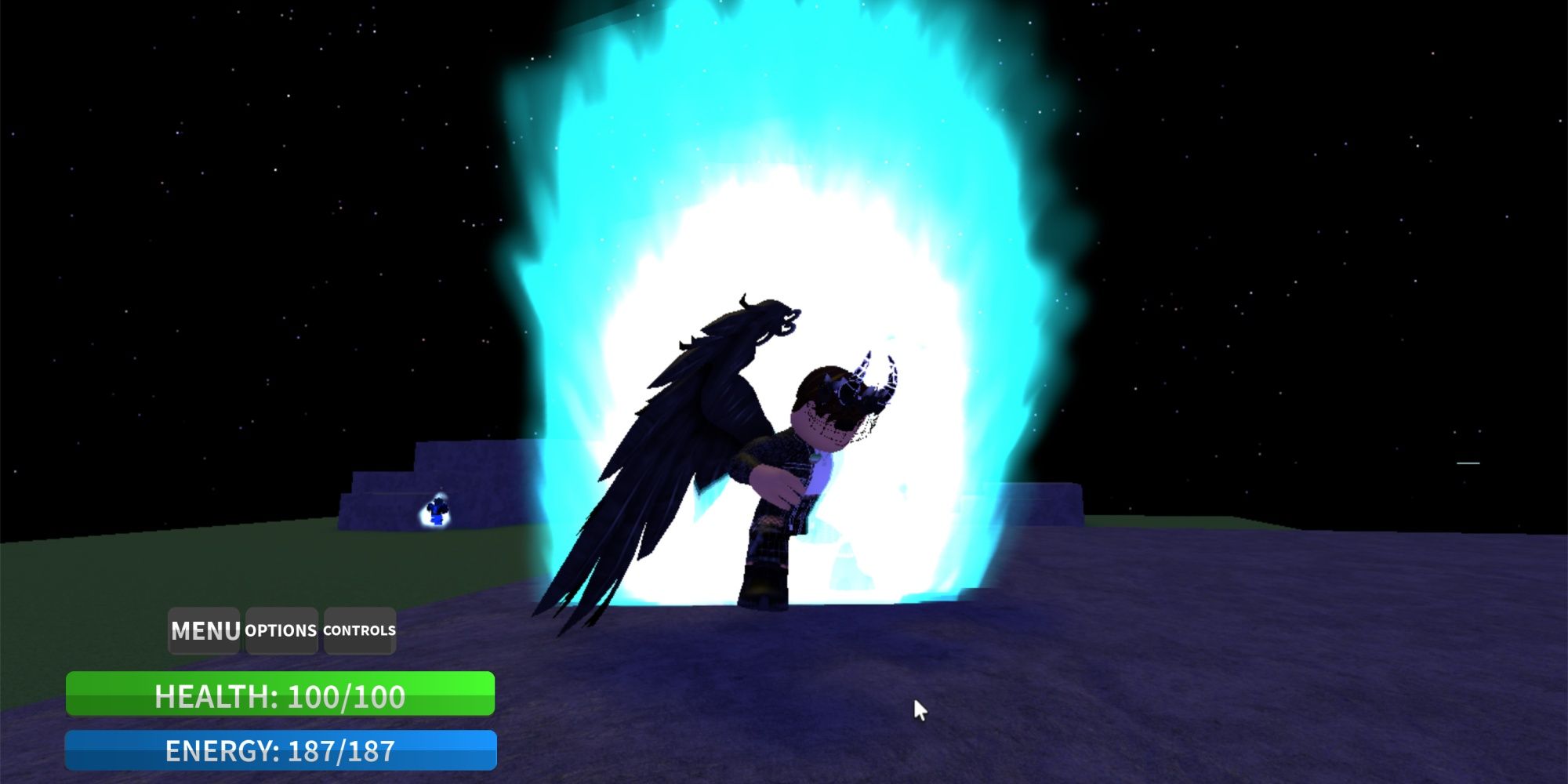 A Roblox player powering up in space in Dragon Ball Revenge