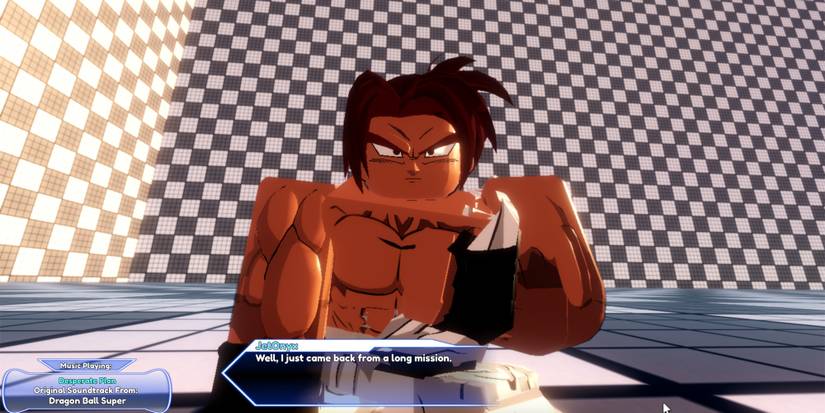 A player character in a cutscene from Roblox's Dragon Ball Xeno Multiverse