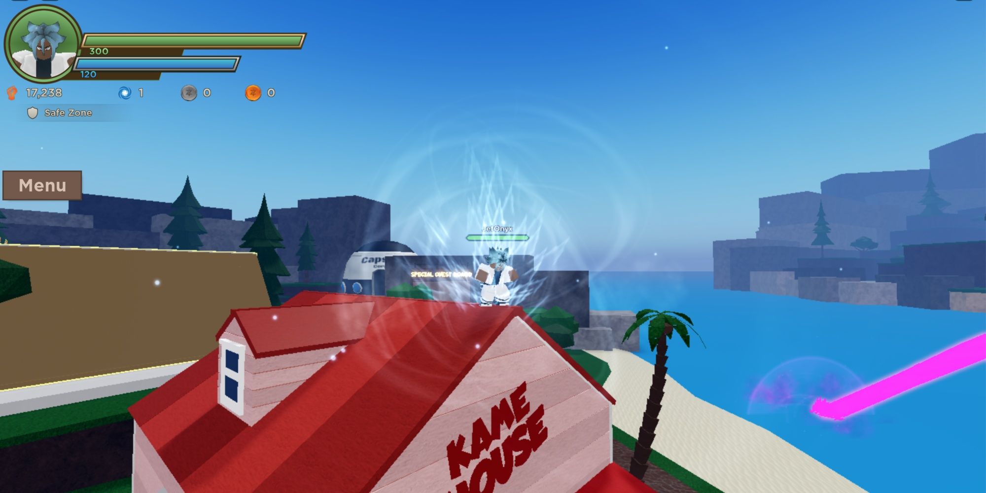 A Roblox player powering up on the roof of Kame House in Dragon Blox