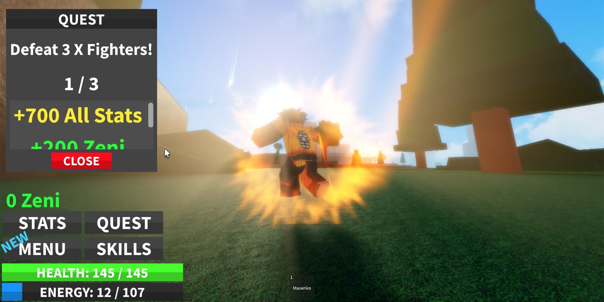 A player character running around completing quests in Dragon Blox Ultimate on Roblox
