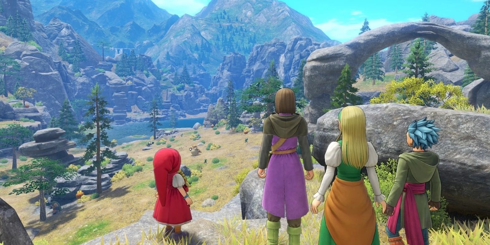 Héroe y sus amigos mirando por el acantilado en Dragon Quest 11